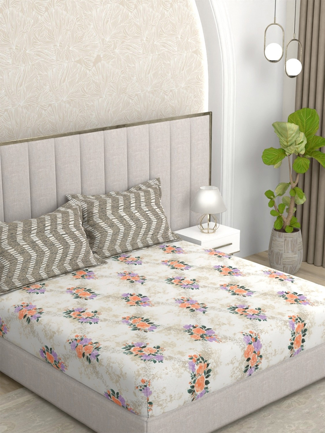 Pure Decor Florentine White Floral Cotton 220 TC Queen Fine Bedsheet with 2 Pillow Covers-90 x 100 inches