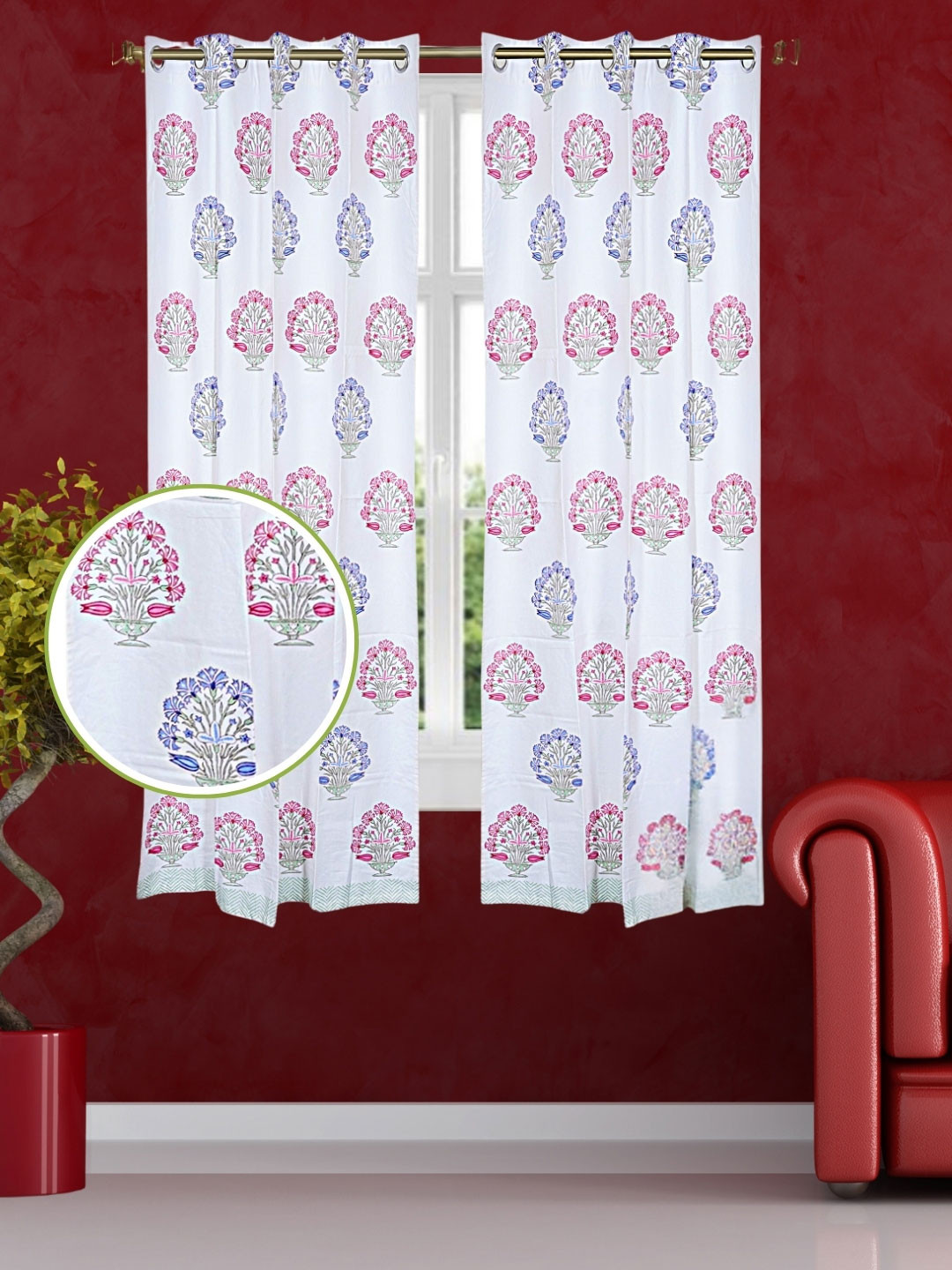 LIVING ROOTS White 2 Pcs Ethnic Block Printed Elegant Cotton Daylight Window Curtains