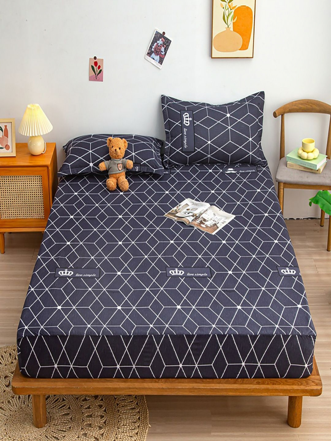 JC HOME Black 140 TC Fitted Double Queen Bedsheet Set 1.50 m x 2 m