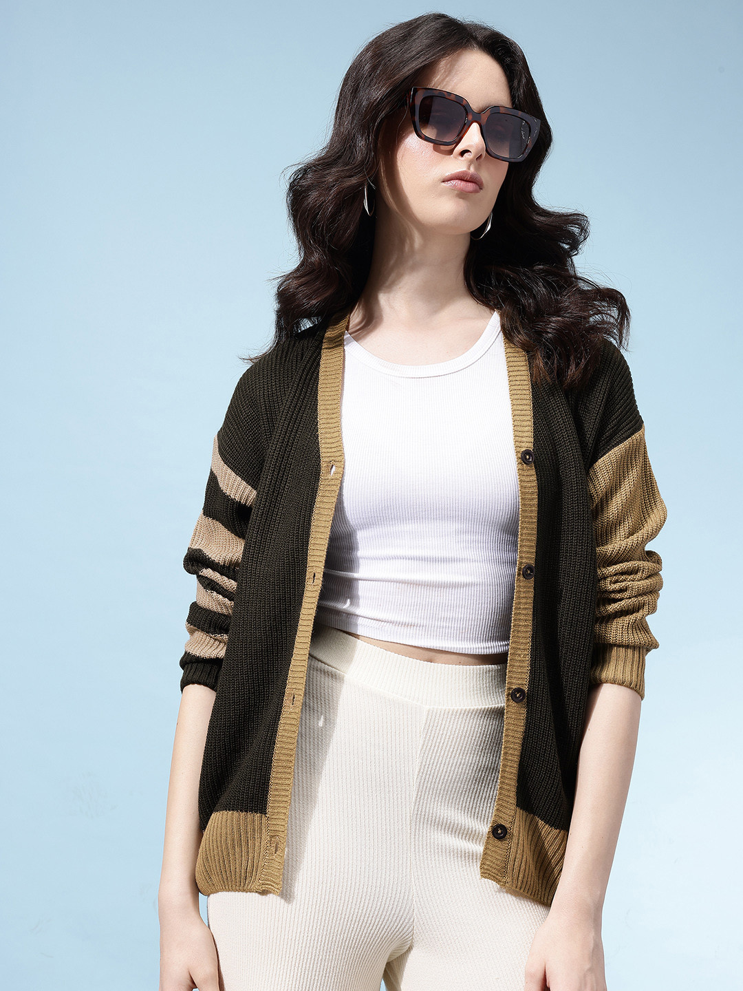 glitchez Colourblocked V-Neck Drop-Sleeves Acrylic Relaxed Fit Button-Down Cardigan