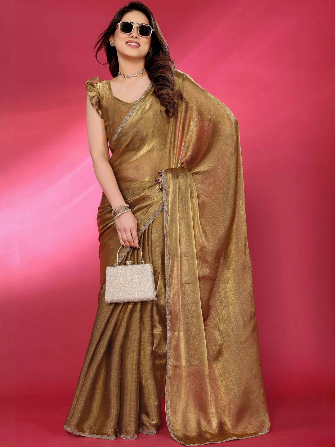 Gold Solid Chiffon Saree with Unstitched Blouse Piece