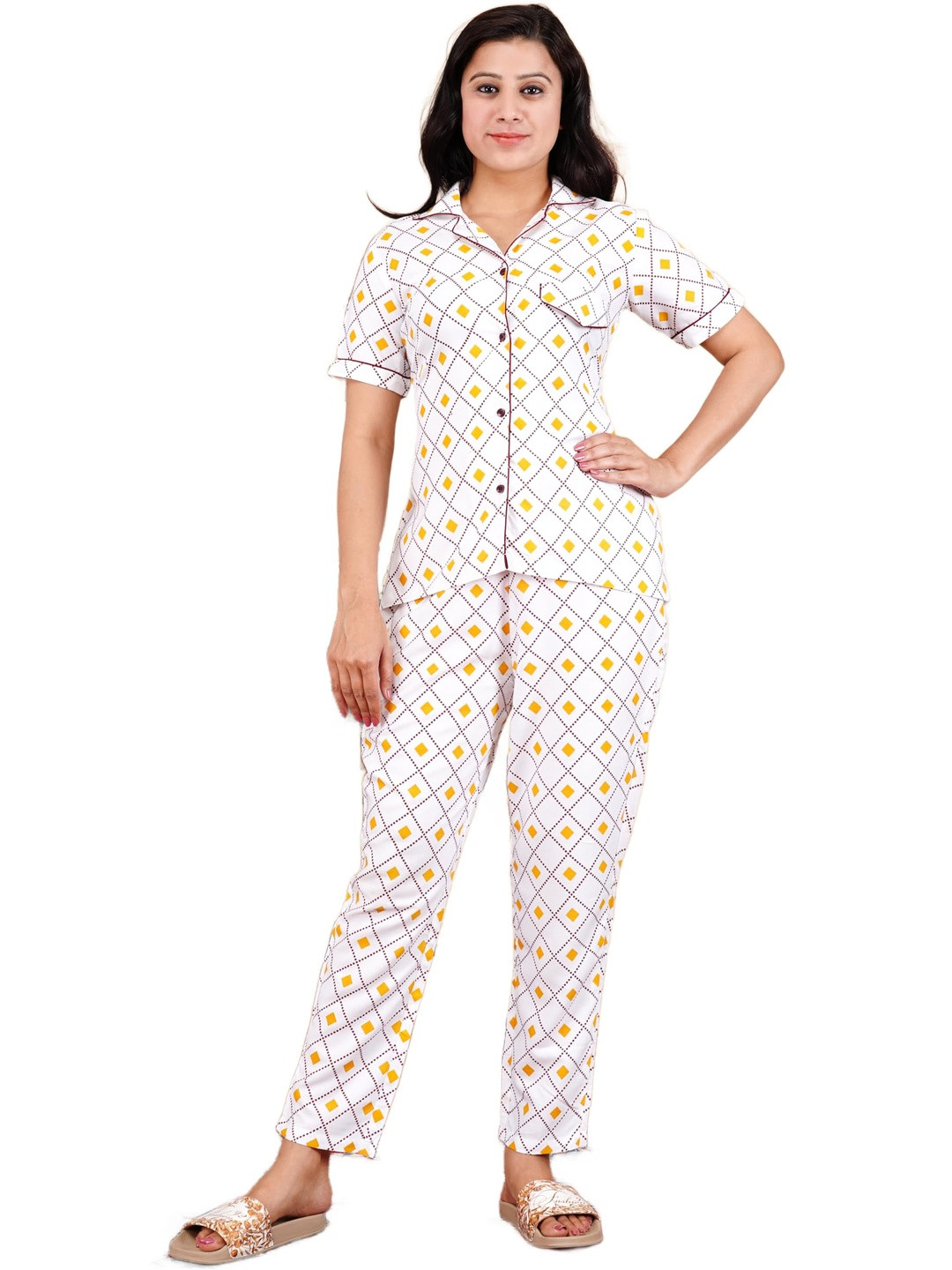 PUSHPRAJ FASHION Rayon Night Suit Printed Night Wear Pyjama Set for Women & Girls (Large, White)