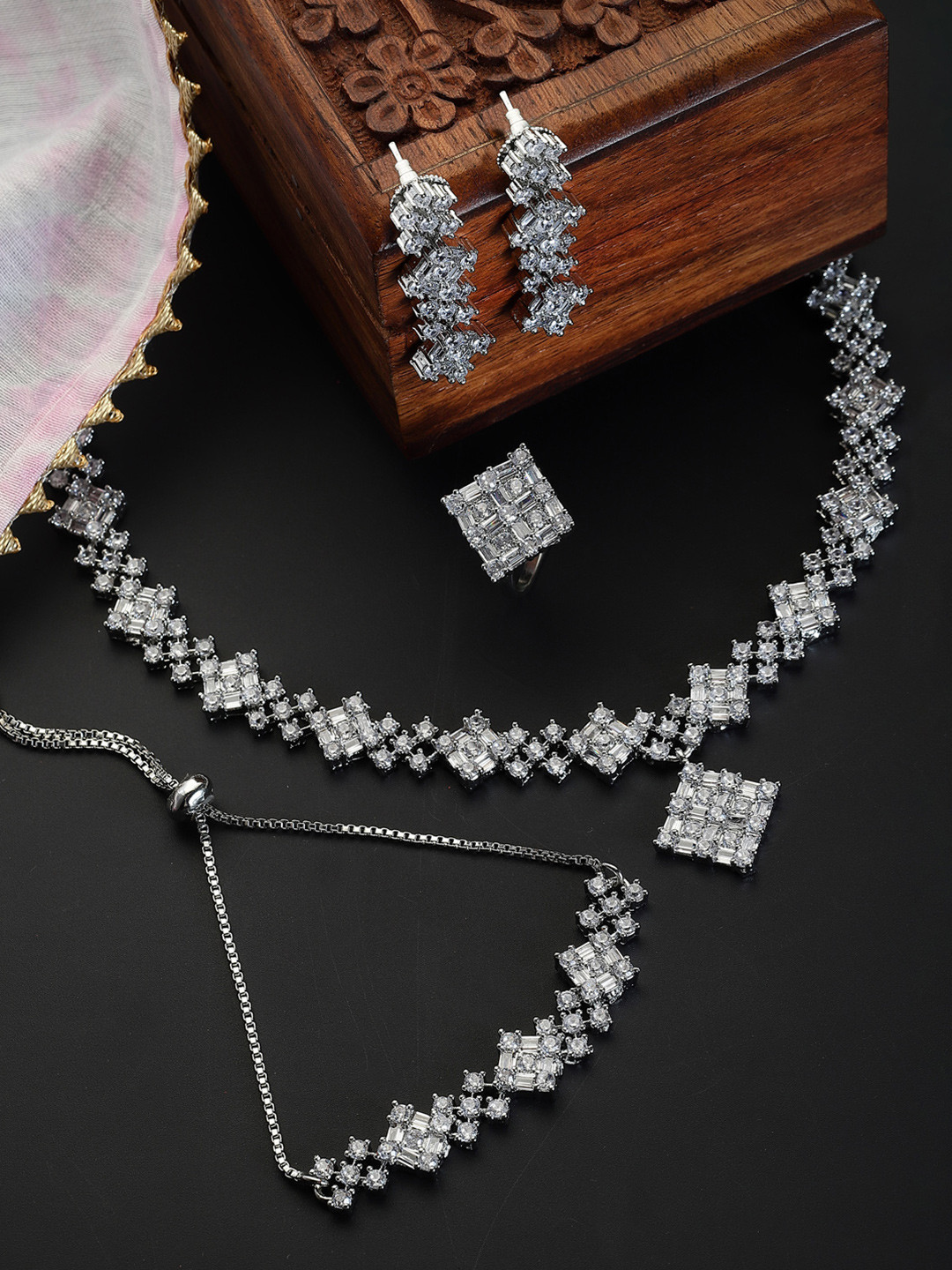 ZENEME Rhodium-Plated Silver-Toned White American Diamond Studded Jewellery Set