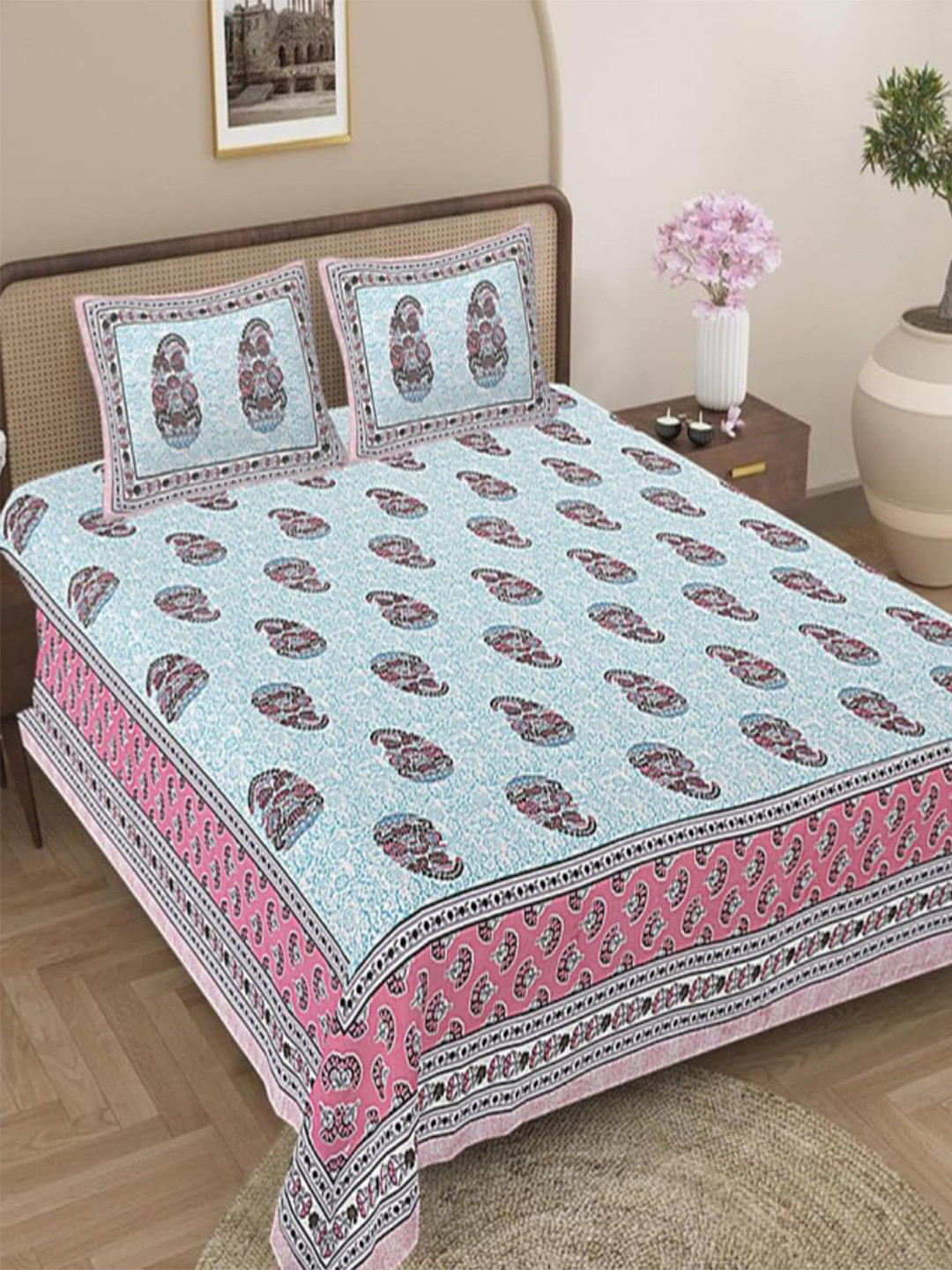 Jaipur Weaves Polaris Blue Paisley Cotton Skin-Friendly 180 TC King Fine Bedsheet with 2 Pillow Covers-108 x 108 inches
