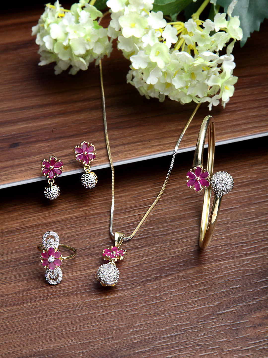 ZENEME Gold-Plated Flower Shaped Heart Drop American Diamond-Studded Jewellery Set