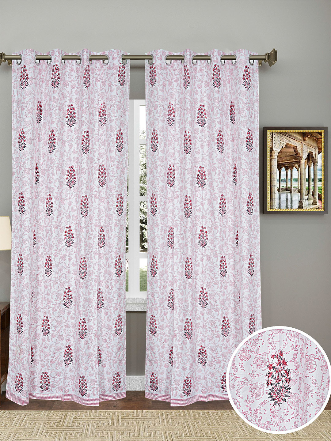 LIVING ROOTS White 2 Pcs Ethnic Motifs Block Printed Elegant Cotton Daylight Door Curtains
