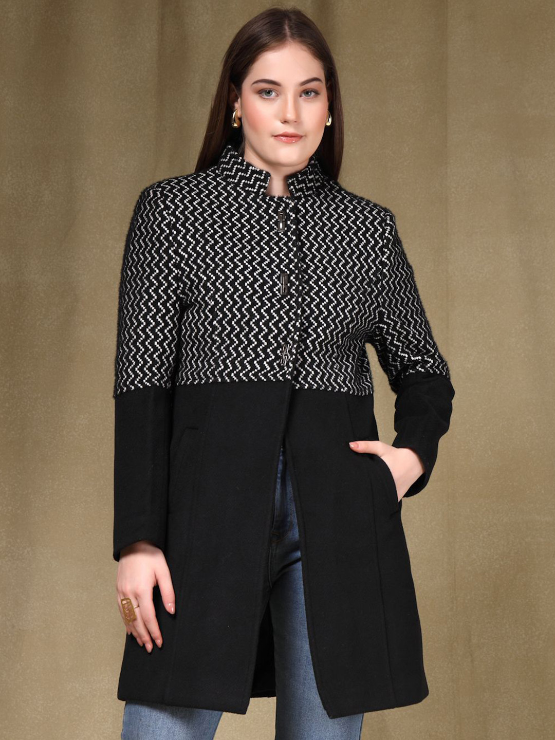 Thirty Threads Self-Designed Mock Collared Single-Breasted Long Overcoat
