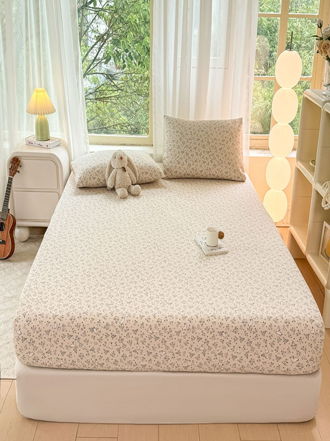 JC HOME Beige Floral140 TC Cotton King Size Bedsheet Set - 2.00 x 2.20m