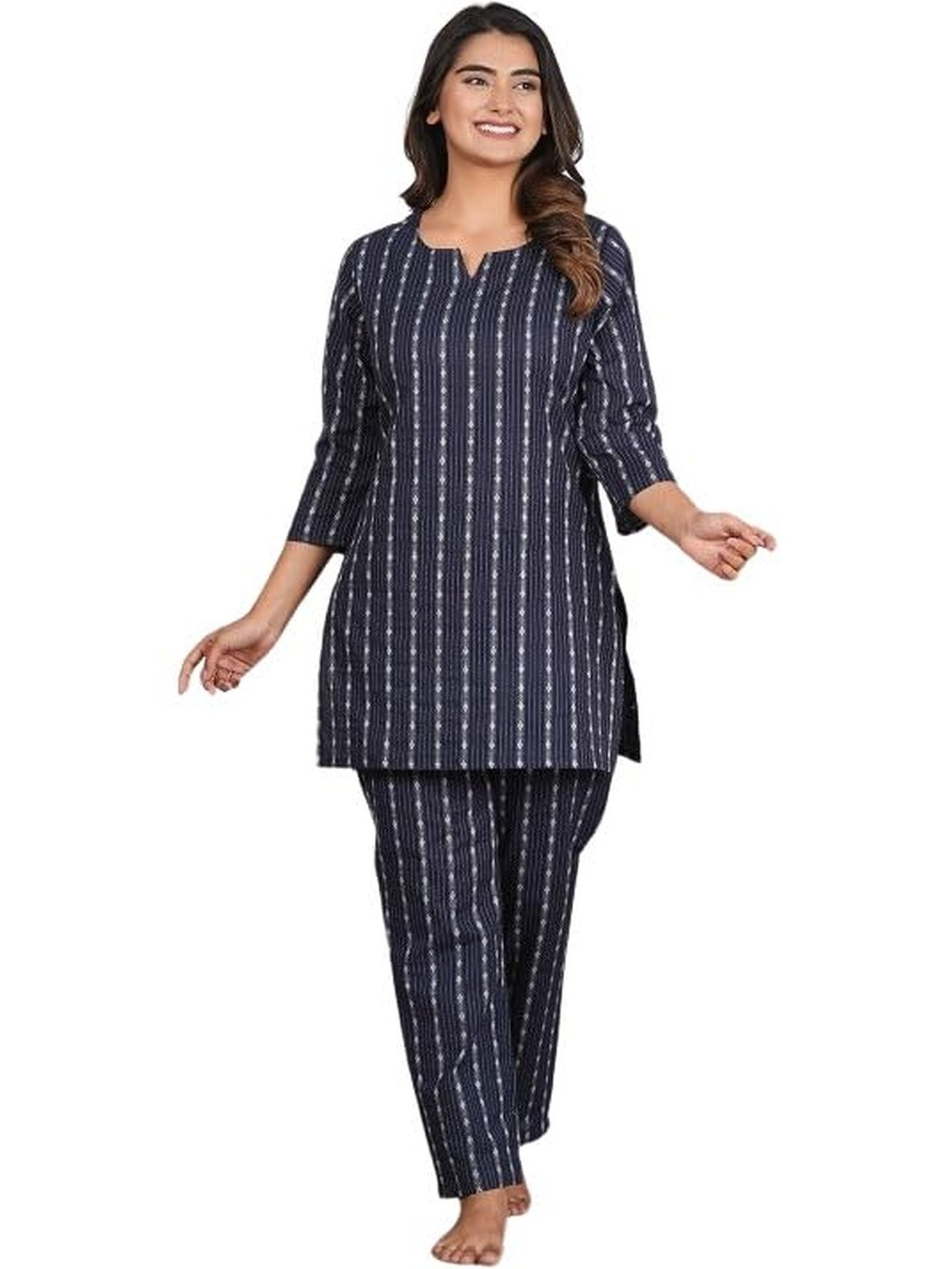 PUSHPRAJ FASHION Women's Self Design Cotton Round Neck Three-Quarter Sleeves Regular Fit Striped Design Kurta Set (Navy Blue -2XL)