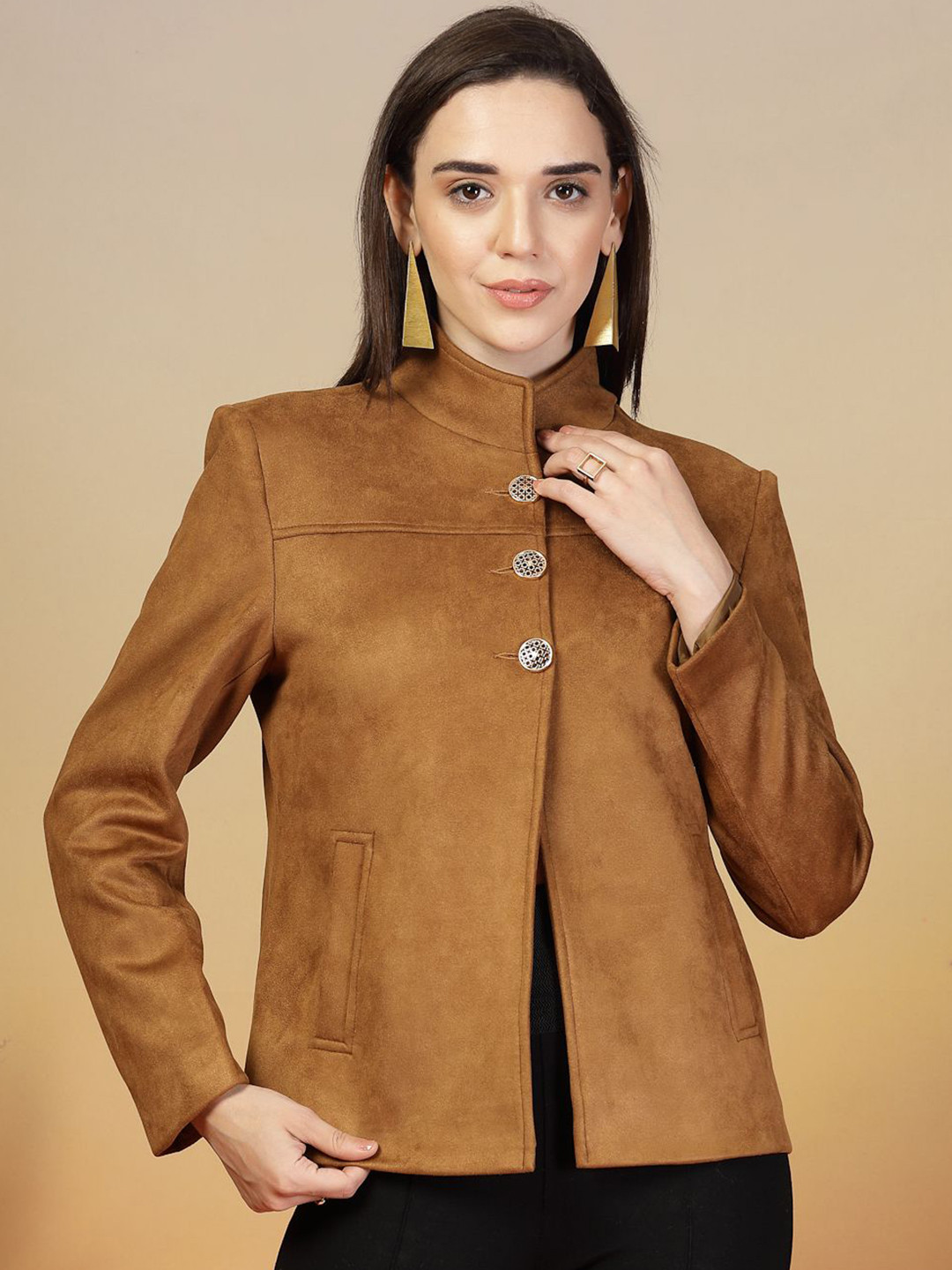 Thirty Threads Women Mock Collar Single-Breasted Short Overcoat