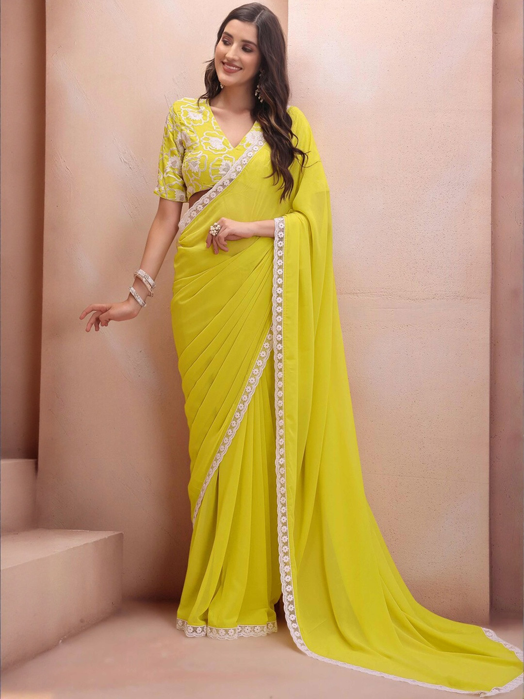 Lemon Yellow Floral Printed Solid Georgette Saree with Unstitched Blouse Piece