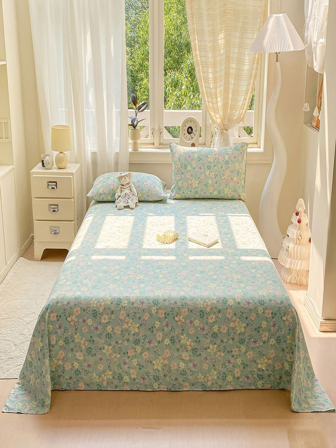 JC HOME Green Floral 140 TC Single Bedsheet Set 1.60 mx 2.30m