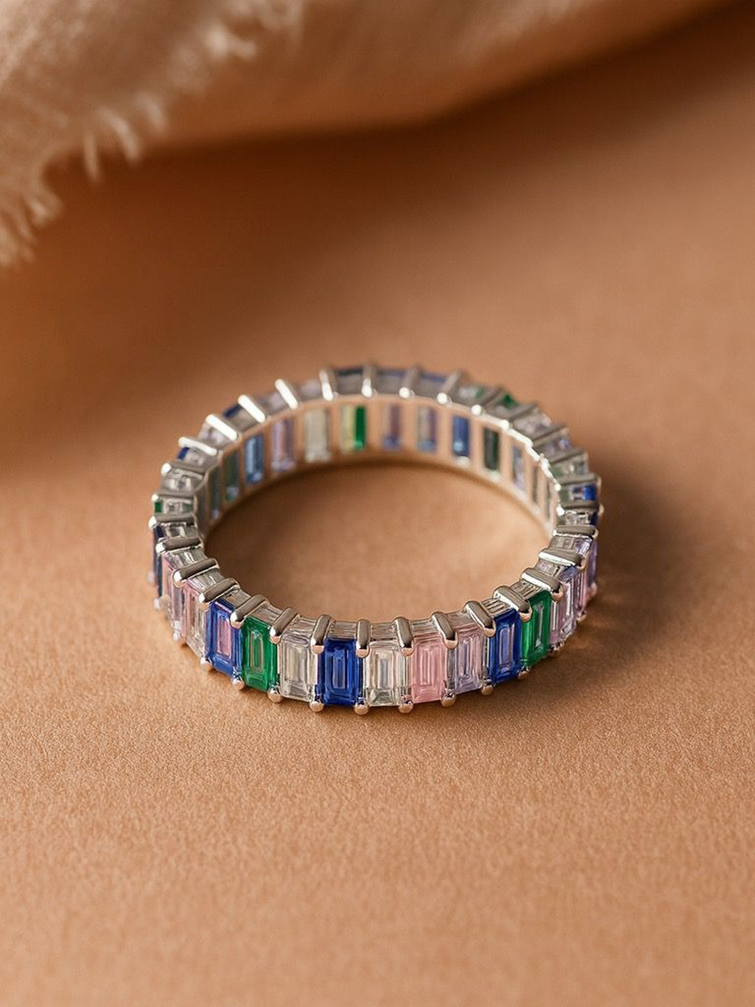 Anushka Jain Jewellery 925 Sterling Silver Rhodium-Plated Studded Spectrum Eternity Ring