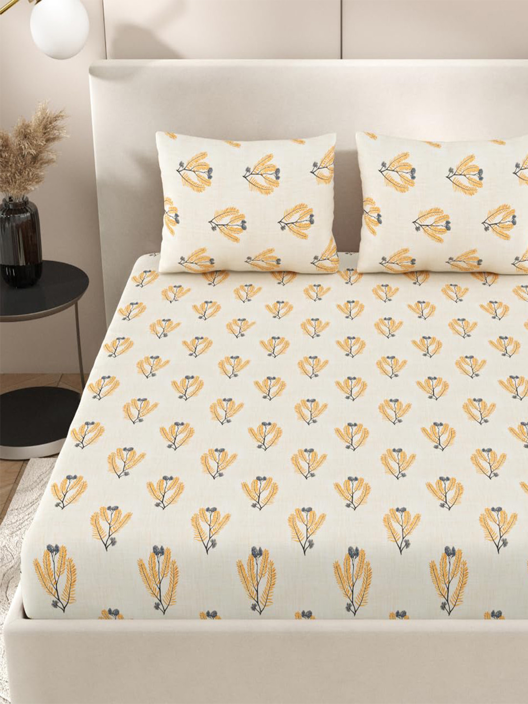 Jaipur Weaves Elena Fitted Yellow Leaf Cotton 240 TC Fitted King Fine Bedsheet with 2 Pillow Covers-274 x 274 cm
