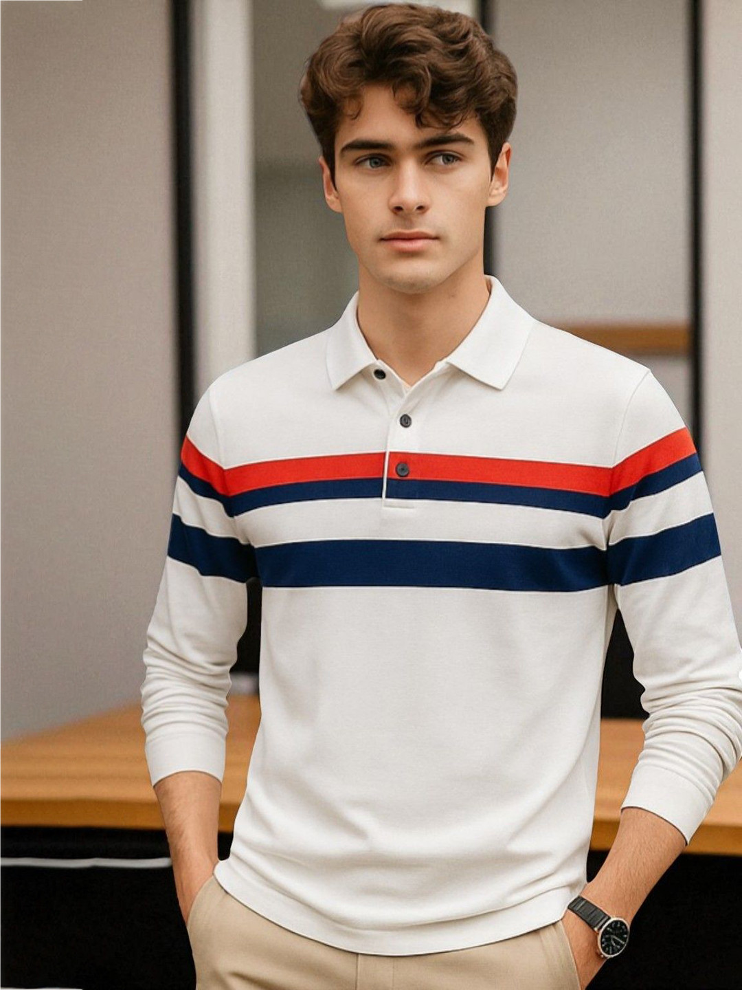 AUTNA Men Striped Polo Collar Cotton T-shirt