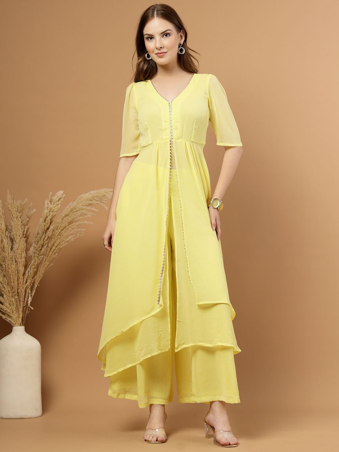 RAASSIO Women High Low Laced Kurta & Palazzo Set