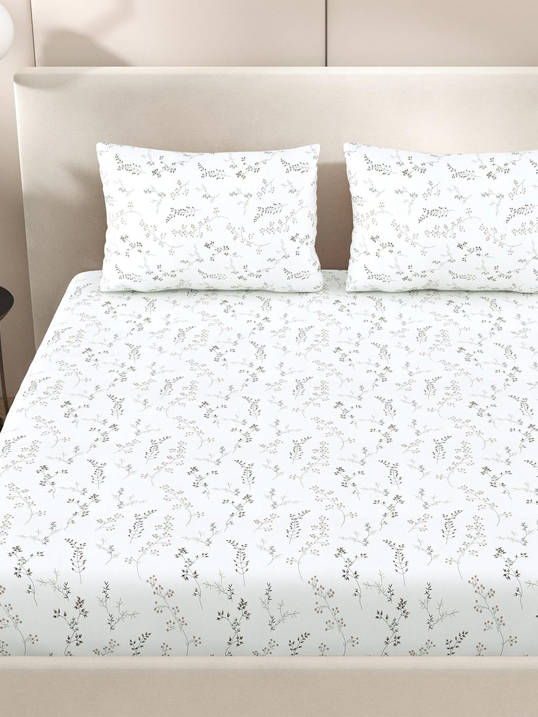 Jaipur Weaves Elena Fitted White Floral Cotton 240 TC Fitted King Fine Bedsheet with 2 Pillow Covers-108 x 108 inches
