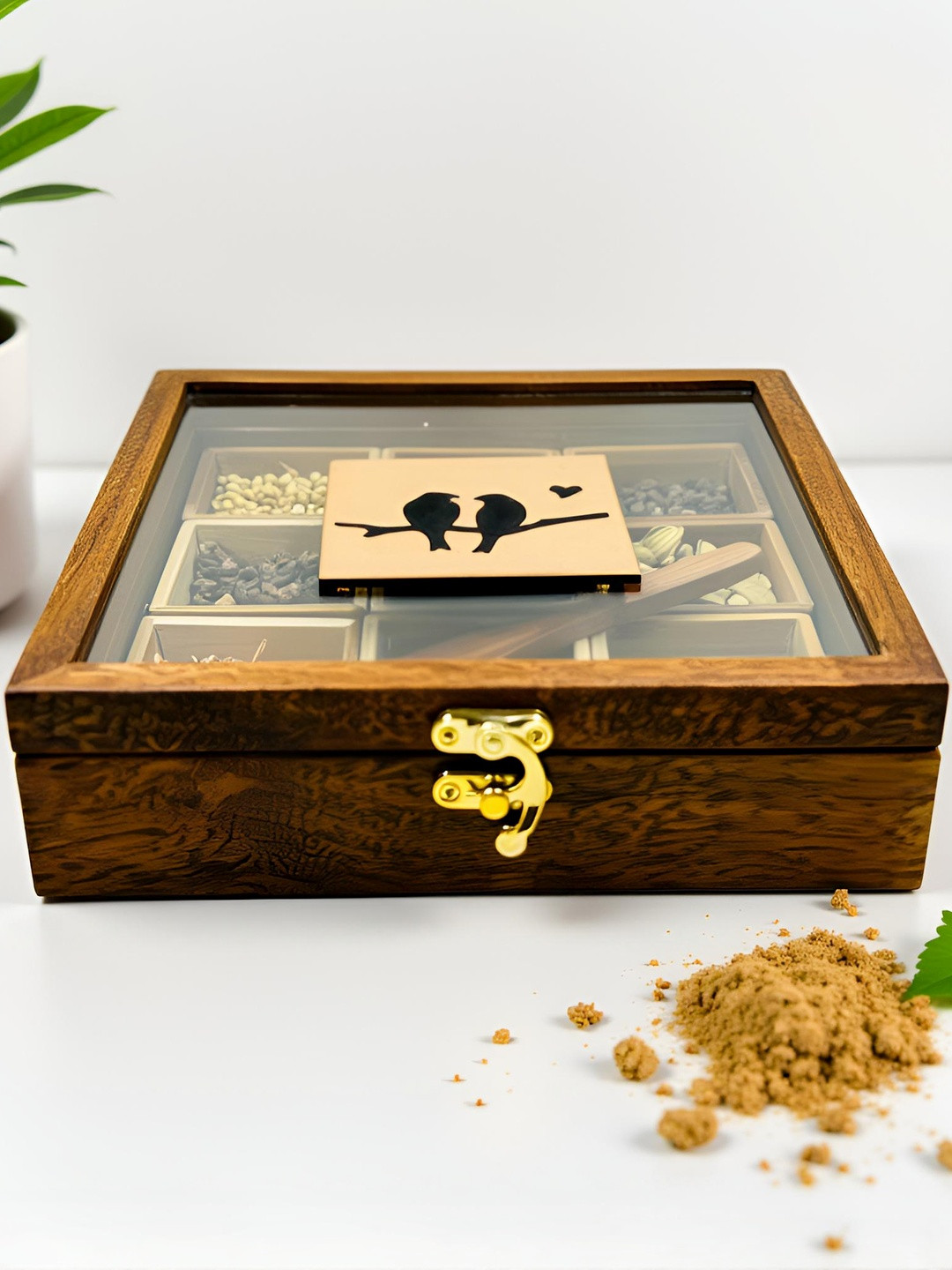 Angira handicrafts Brown Wooden Dishwasher & Microwave Safe Masala Spice Box