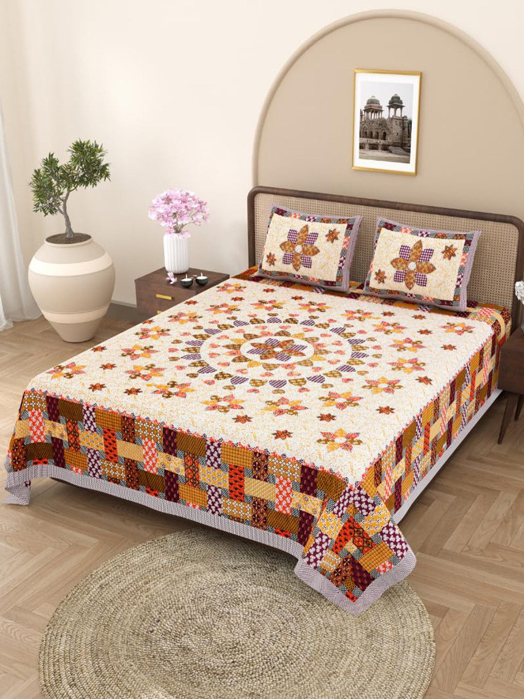 Jaipur Weaves Polaris Orange Ethnic Motifs Cotton Breathable 180 TC King Fine Bedsheet with 2 Pillow Covers-108 x 108 inches