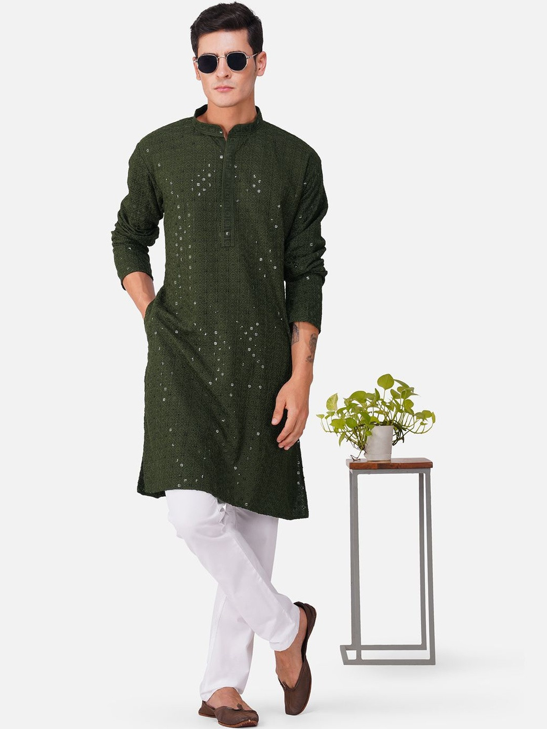 THE LITTLE BOY Men Olive Kurta Sets