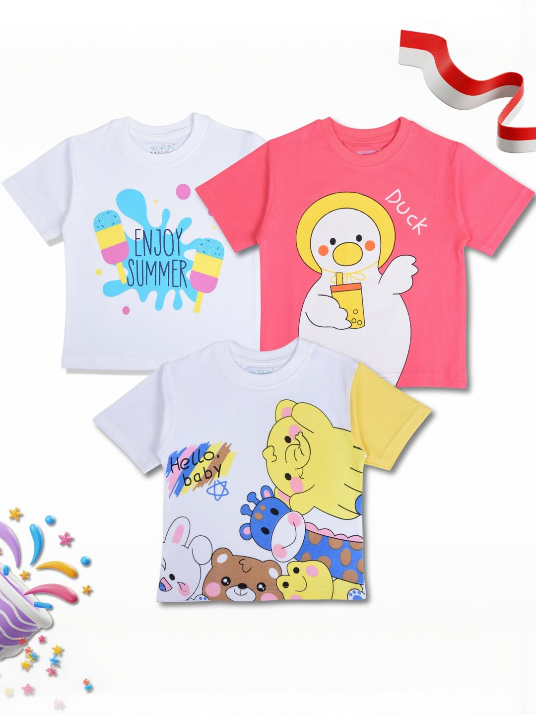 WORTON FASHION Kids Pack Of 3 Typography Printed T-shirt