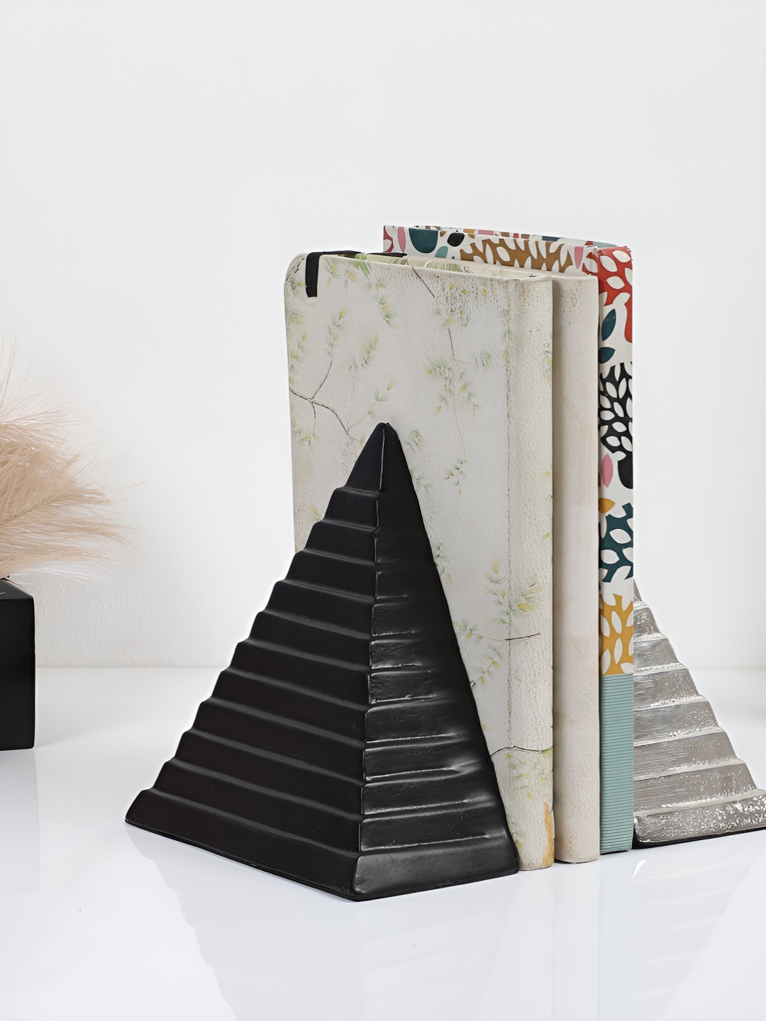 Decor de Maison Silver-Toned & Black Pyramidon Bookend Showpiece