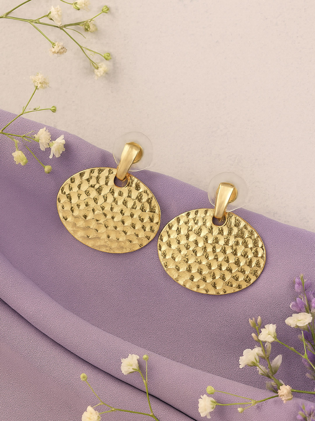 Estele Gold Plated Elegant Elliptical Designer Beaten Gold Earrings