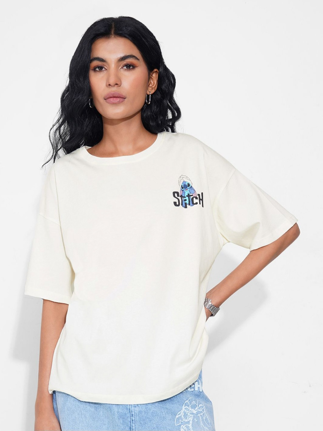 SF JEANS by Pantaloons Women Stitch Graphic Printed Round Neck Cotton Oversized T-shirt