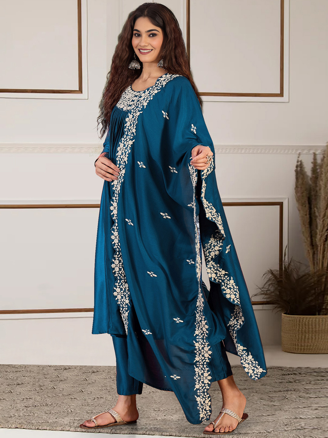 FASHION DREAM Yoke Design Round Neck Thread Work A-Line Kurta With Trousers & Dupatta