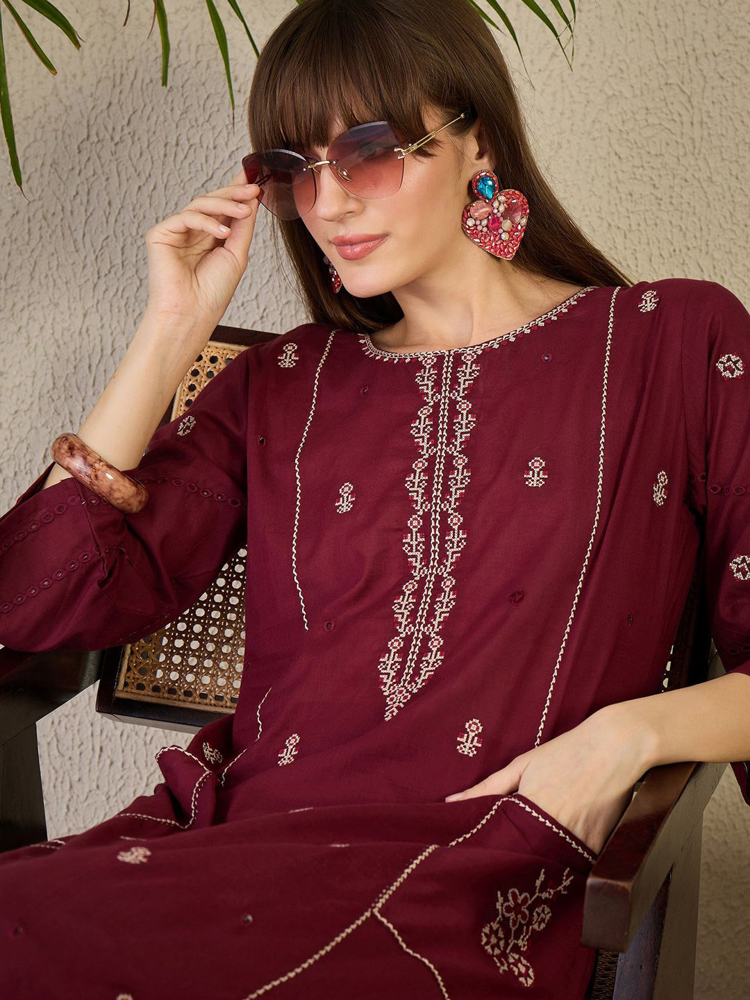 Indo Era Embroidered Round Neck A-Line Pure Cotton Kurta With Pants