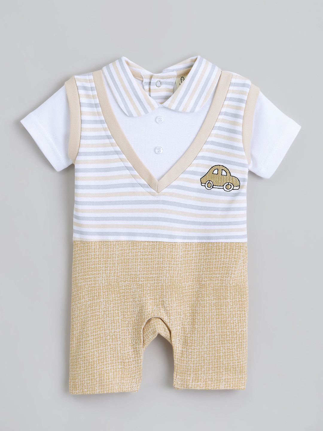 Hopscotch Kids White & Beige Preppy Layered Cotton Romper
