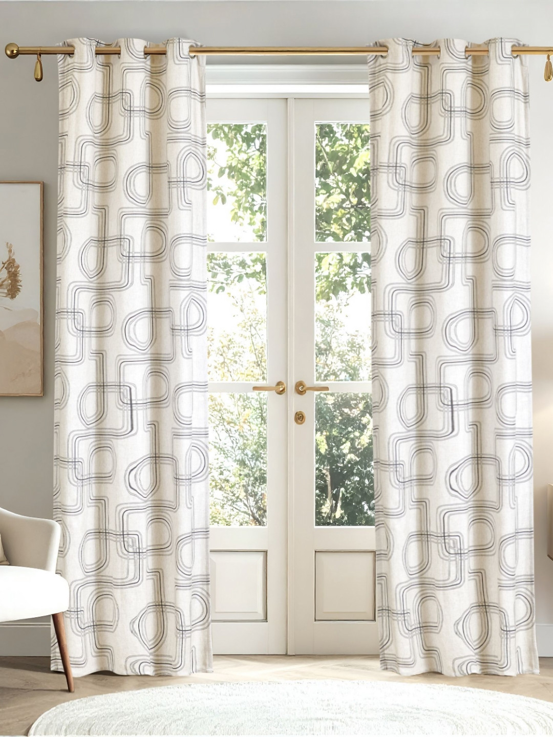 Home Centre Mellow Beige & Grey Room Darkening Cotton Door Curtain