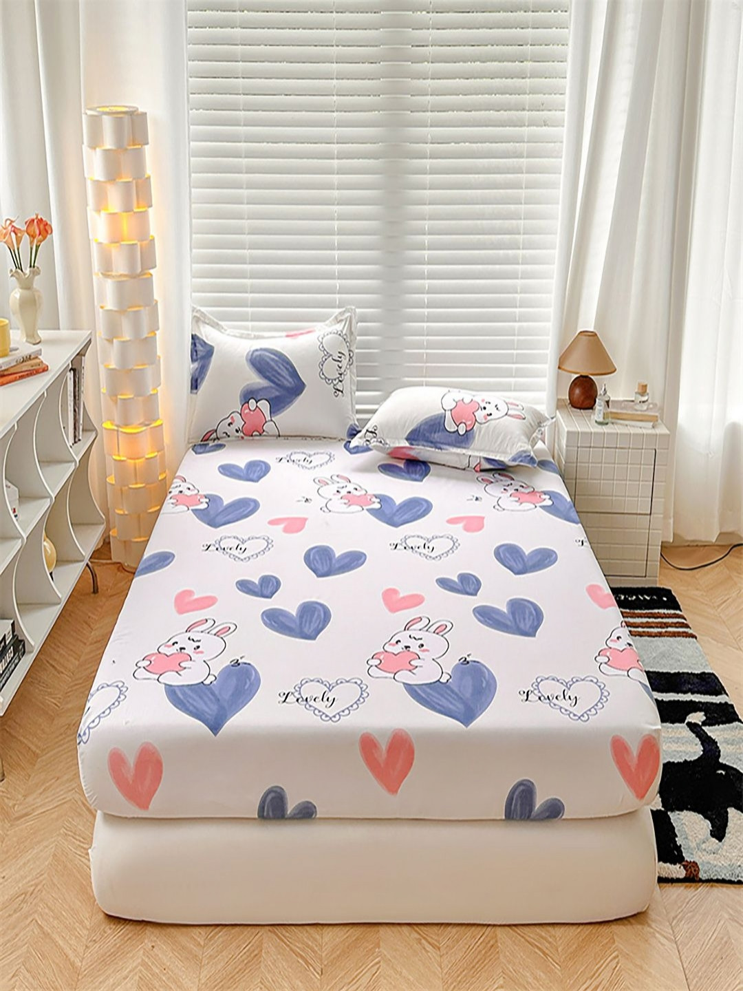 JC HOME White Heart 140 TC Single Fitted Bedsheet Set- 1.2m x 2m
