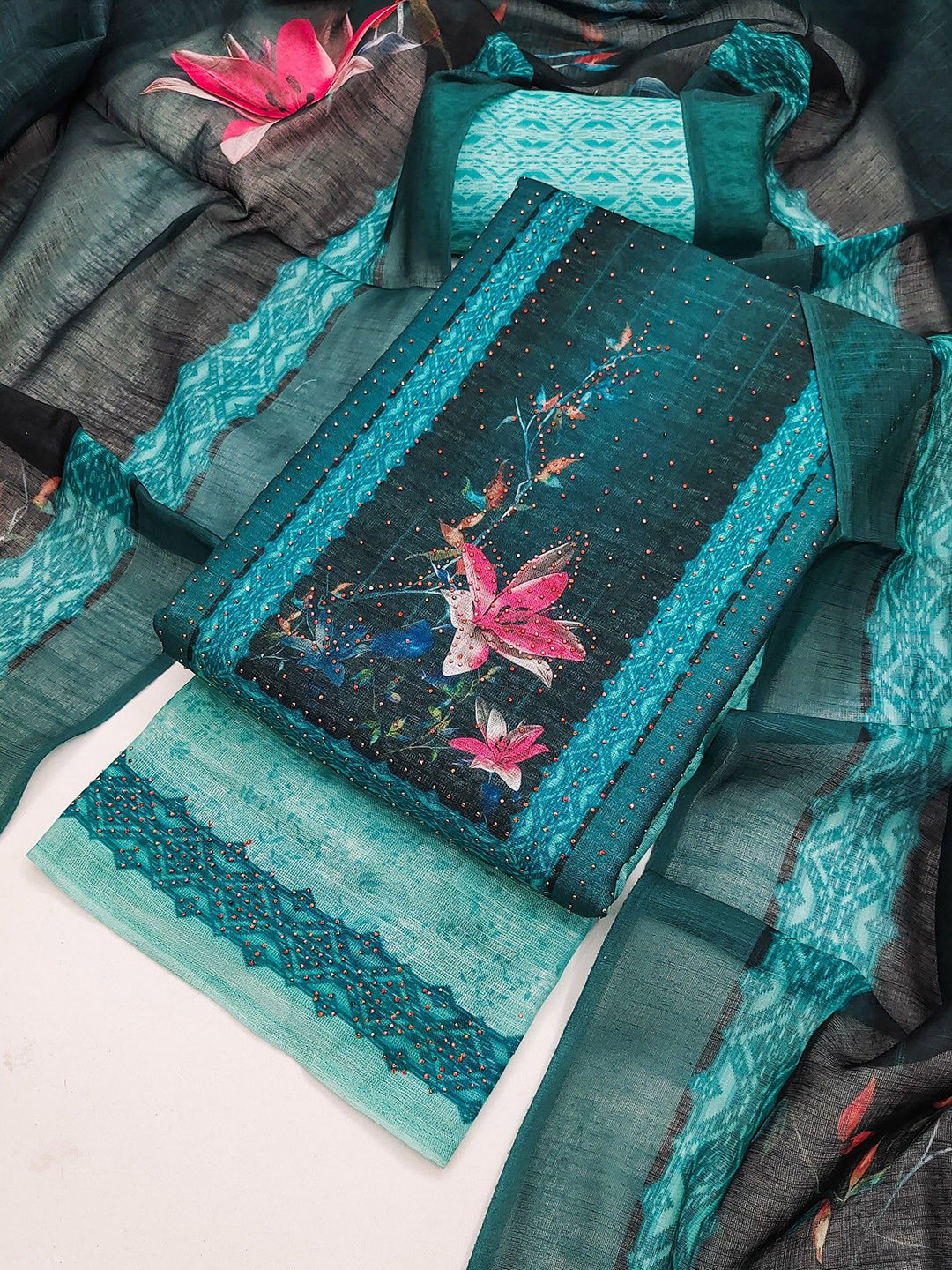 TAVAS Printed Linen Unstitched Dress Material