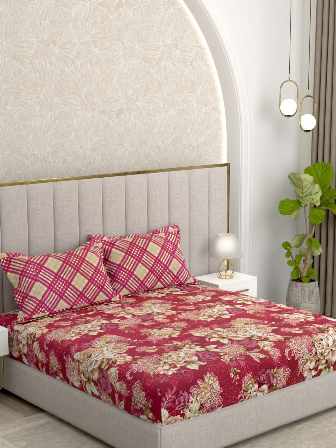 Pure Decor Leisure Fur Maroon Floral Cotton 230 TC Super King Fine Bedsheet with 2 Pillow Covers-108 x 108 inches