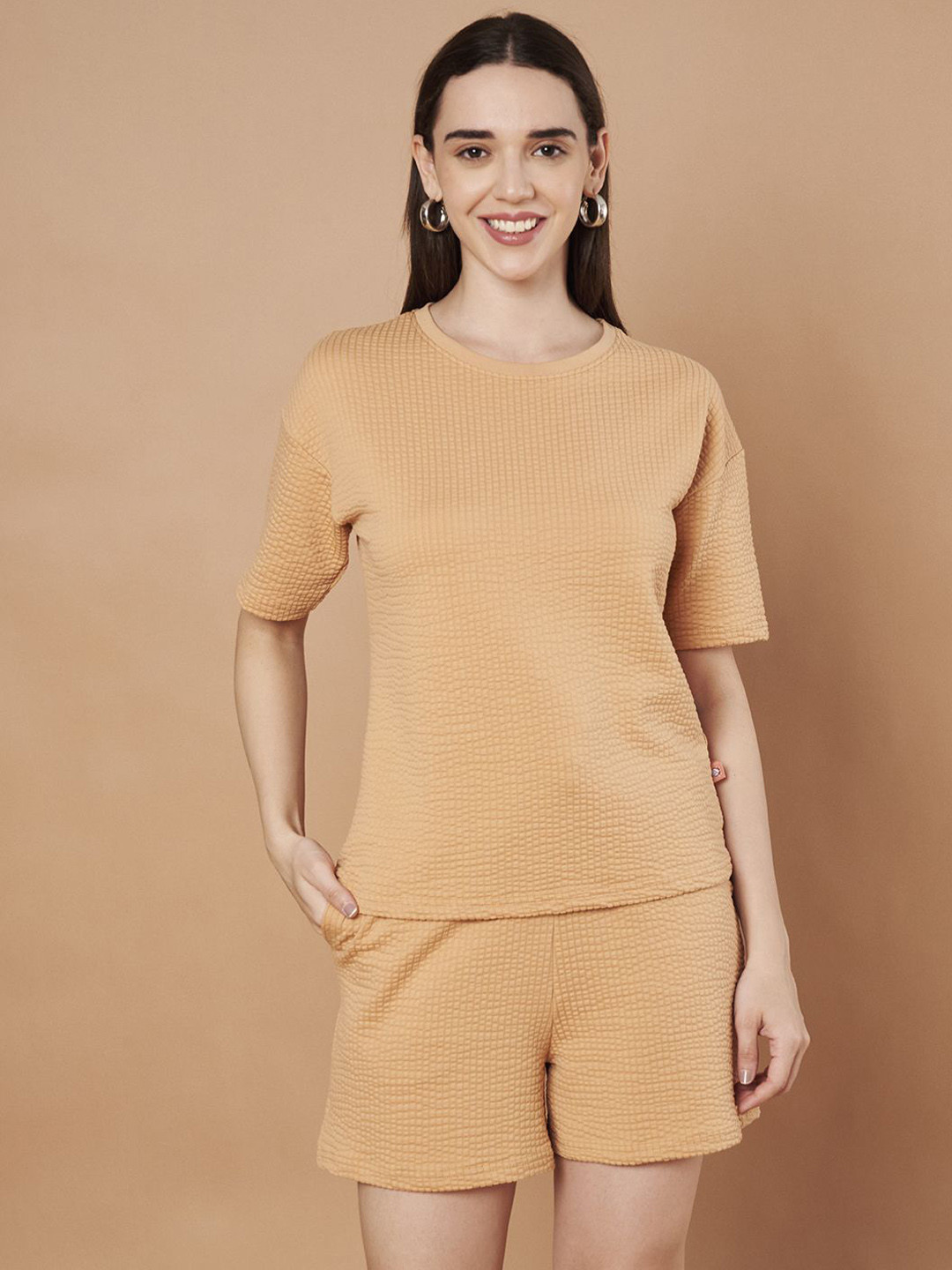 LABEL MY Women Self Design Round Neck Night Suit