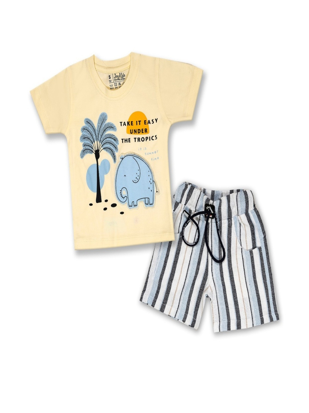 Joy Kids Boys Yellow & Blue Printed & Striped T-shirt With Shorts