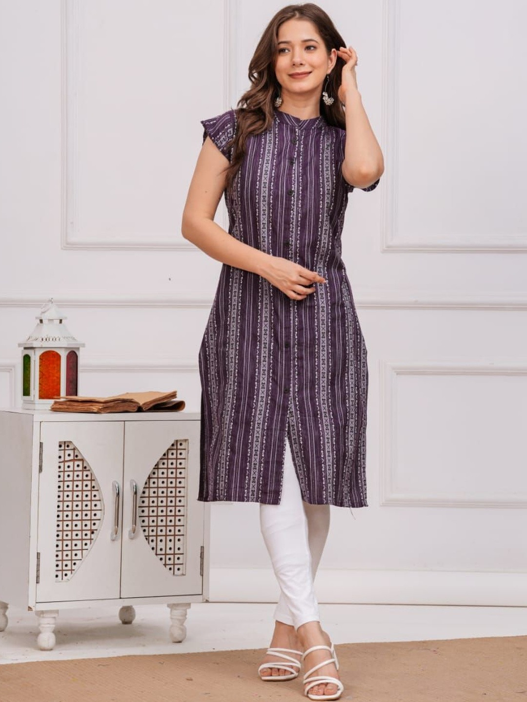 FANCIFY Women Purple Butterfly print self woven Pure Cotton Straight kurta