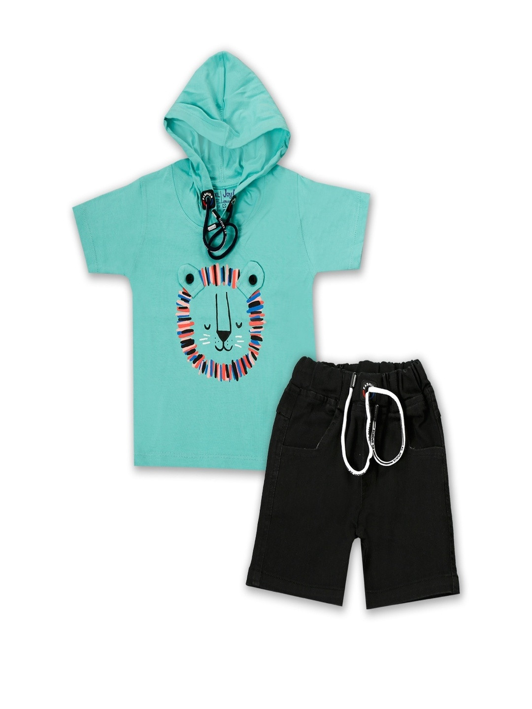 JOY KIDS Boys Short Sleeve Hooded Lion T-shirt With Black Denim Shorts