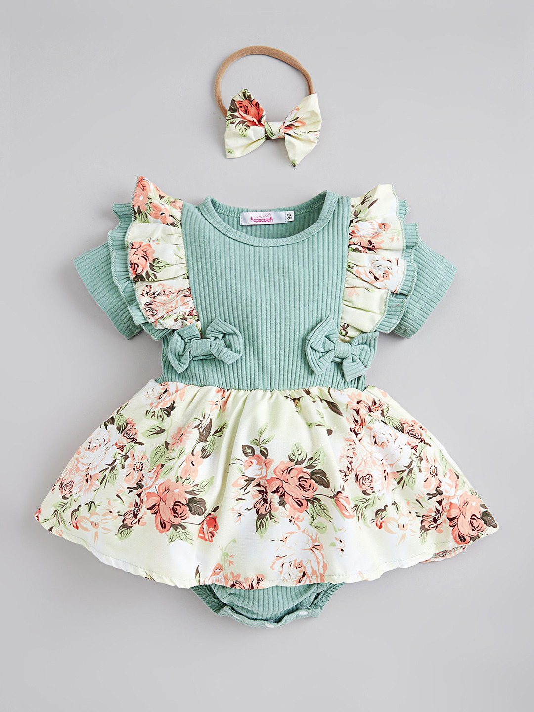 Hopscotch Girls Green Floral Ruffle Detail Onesie