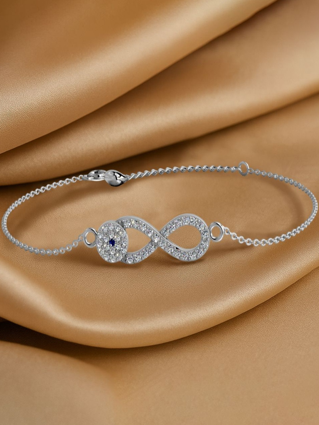 MISS HIGHNESS Women CZ Studded Rhodium Plated 925 Sterling Silver Infinity Bracelet