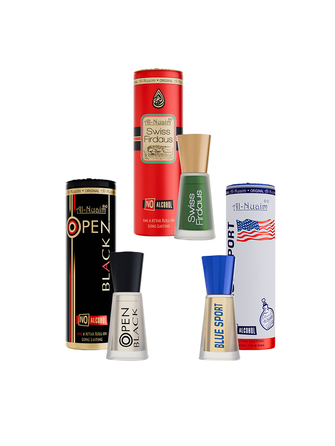 Al-Nuaim Set of 3 Blue Sport, Open Black & Swiss Firdaus Roll On Attar - 6 ml Each