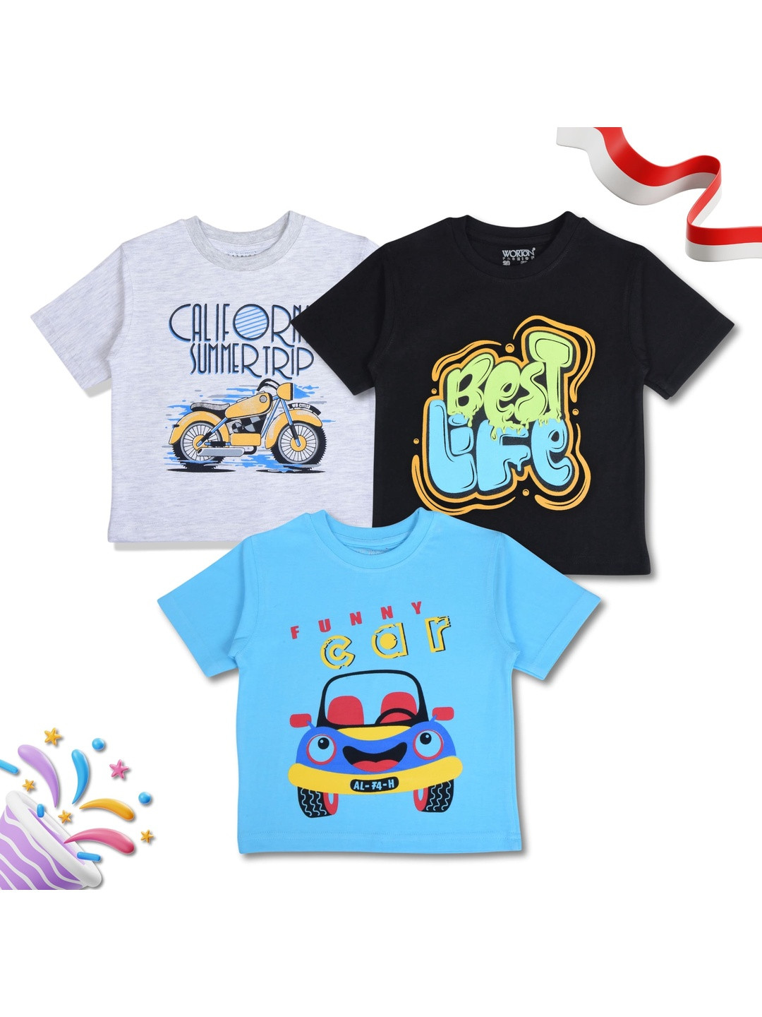 WORTON FASHION Kids Pack Of 3 Typography Printed T-shirt