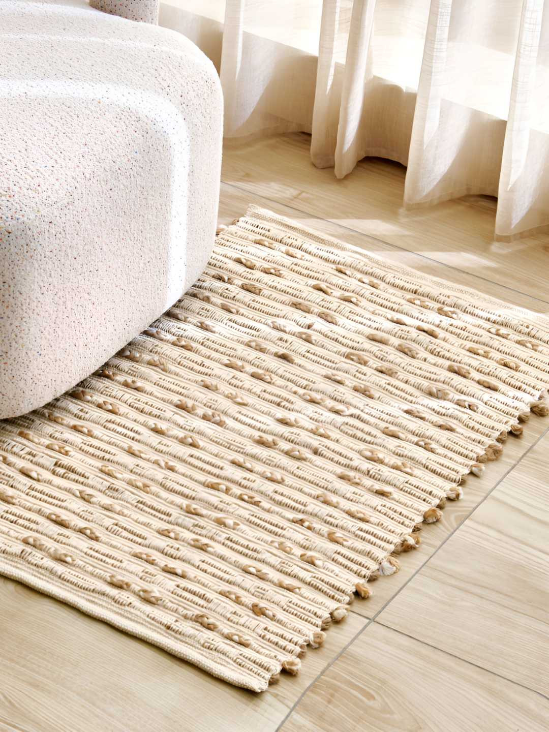 Home Centre Natura Luna Beige & Yellow Jute Woven-Designed Eco-Friendly Reversible Dhurrie