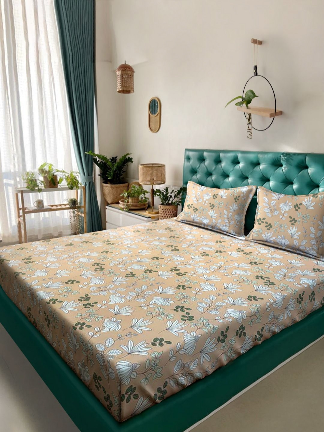 Ackross Fusion Beige And White Floral Microfiber 104 TC Queen Bedsheet Set - 2.25 x 2.54 m
