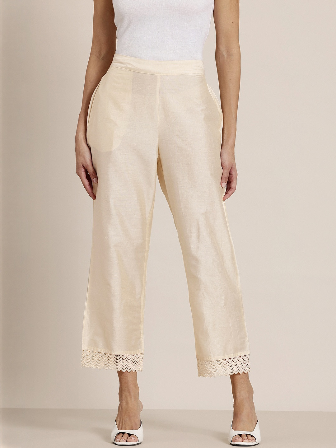 HERE&NOW Women Beige & Cream Coloured Viscose Rayon Slip On Trouser