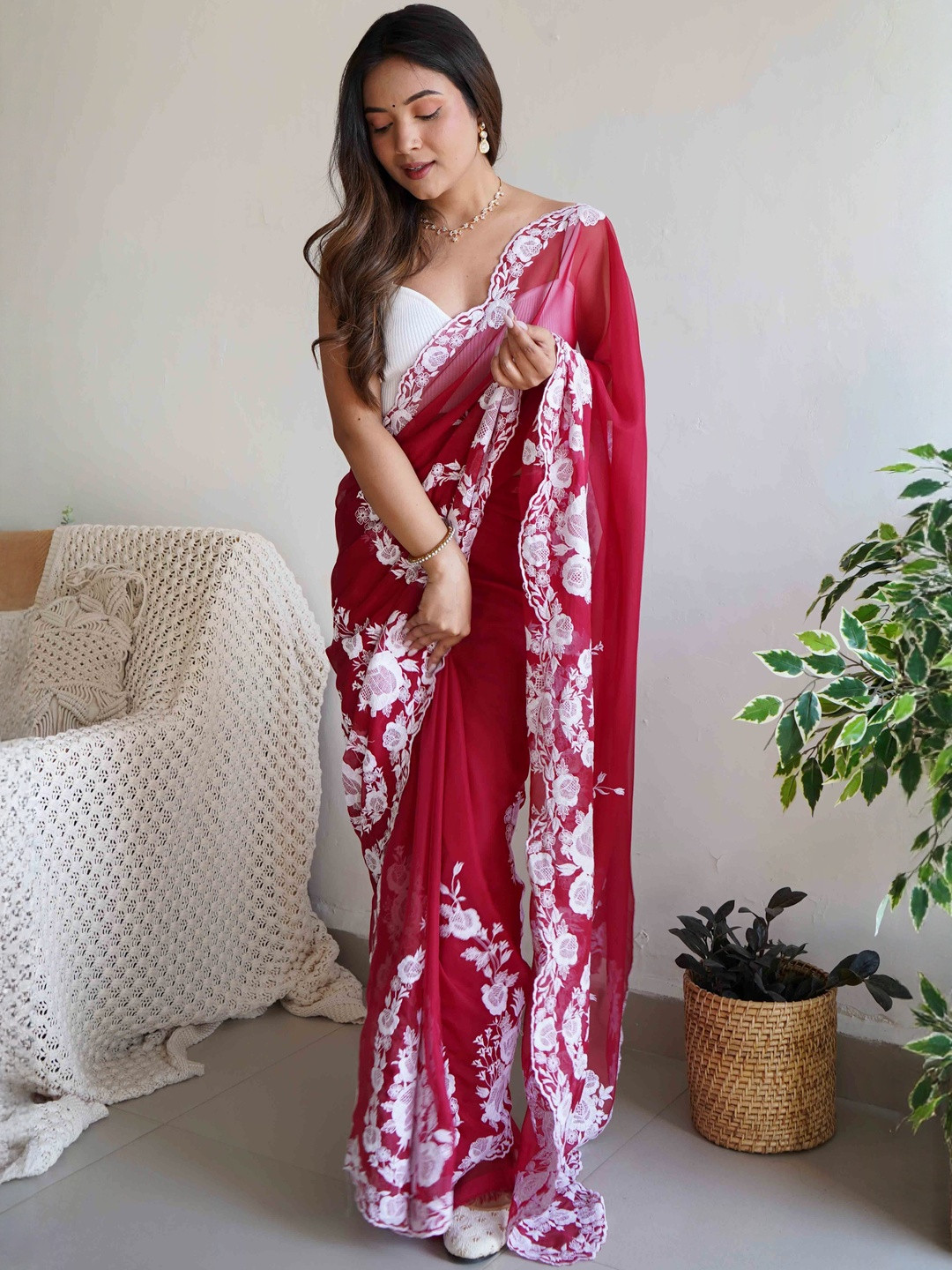 Red Embroidered Georgette Saree Featuring Ornate Heavy Thread Work