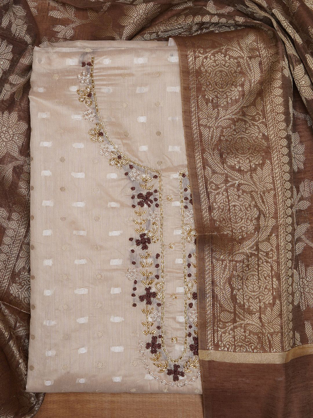 Desi Fusion Woven Design Beads & Stones Unstitched Dress Material