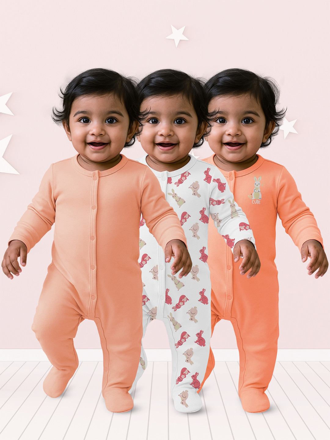 Nuego Infants Girls Pack Of 3 Full Sleeve Animal Print Pure Cotton Sleepsuits