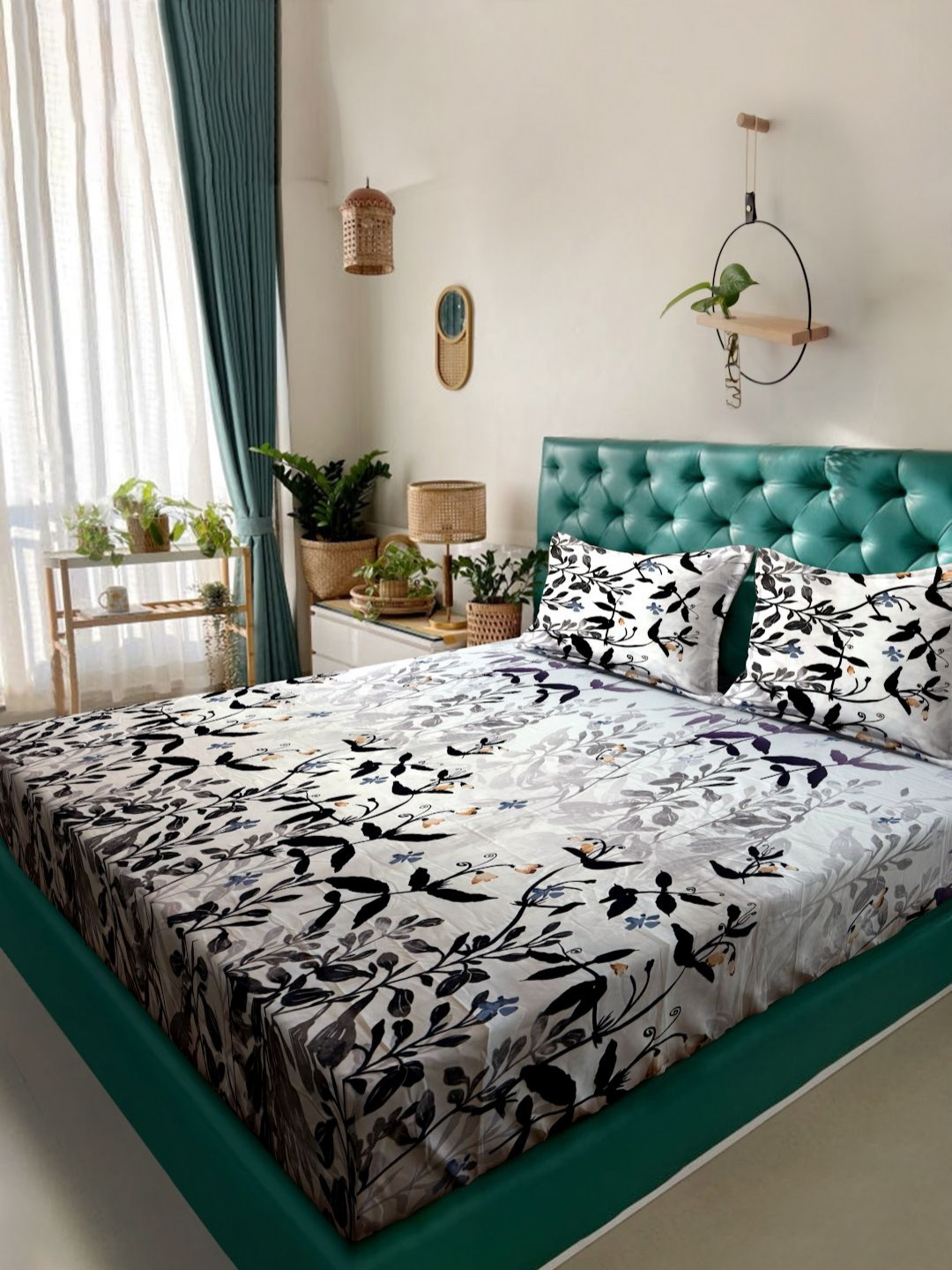 Ackross Aurelia White & Black Floral Microfiber 120TC Double King Bedsheet Set-2.74mX2.74m